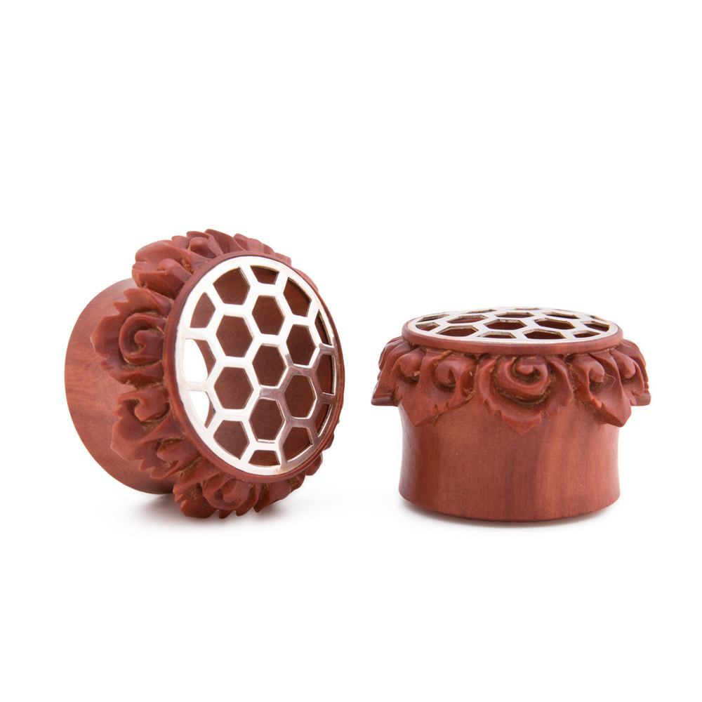 Saba Wood Plug with .925 Sterling Silver Honeycomb Inlay - 16mm-30mm - Price Per 1