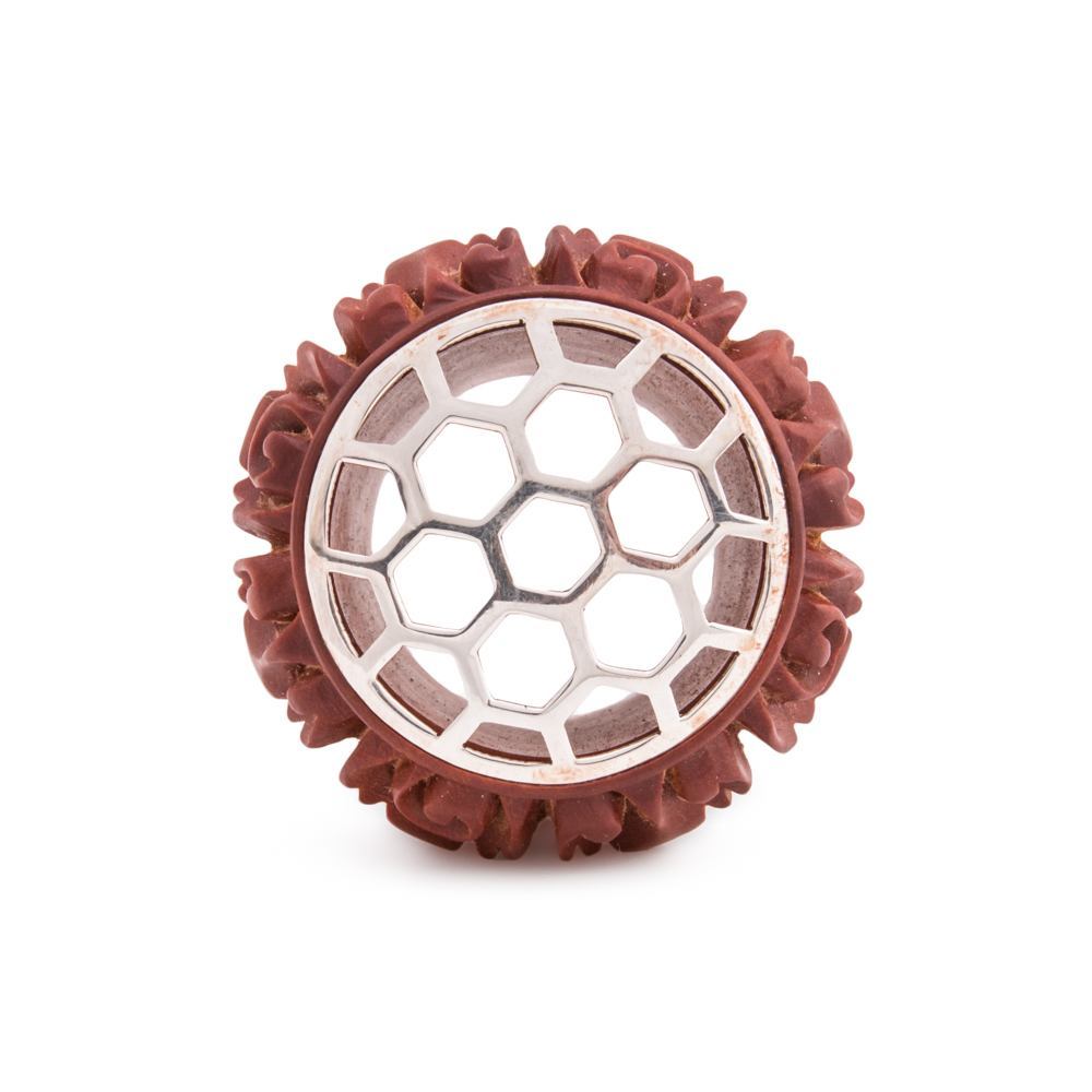Saba Wood Plug with .925 Sterling Silver Honeycomb Inlay - 16mm-30mm - Price Per 1