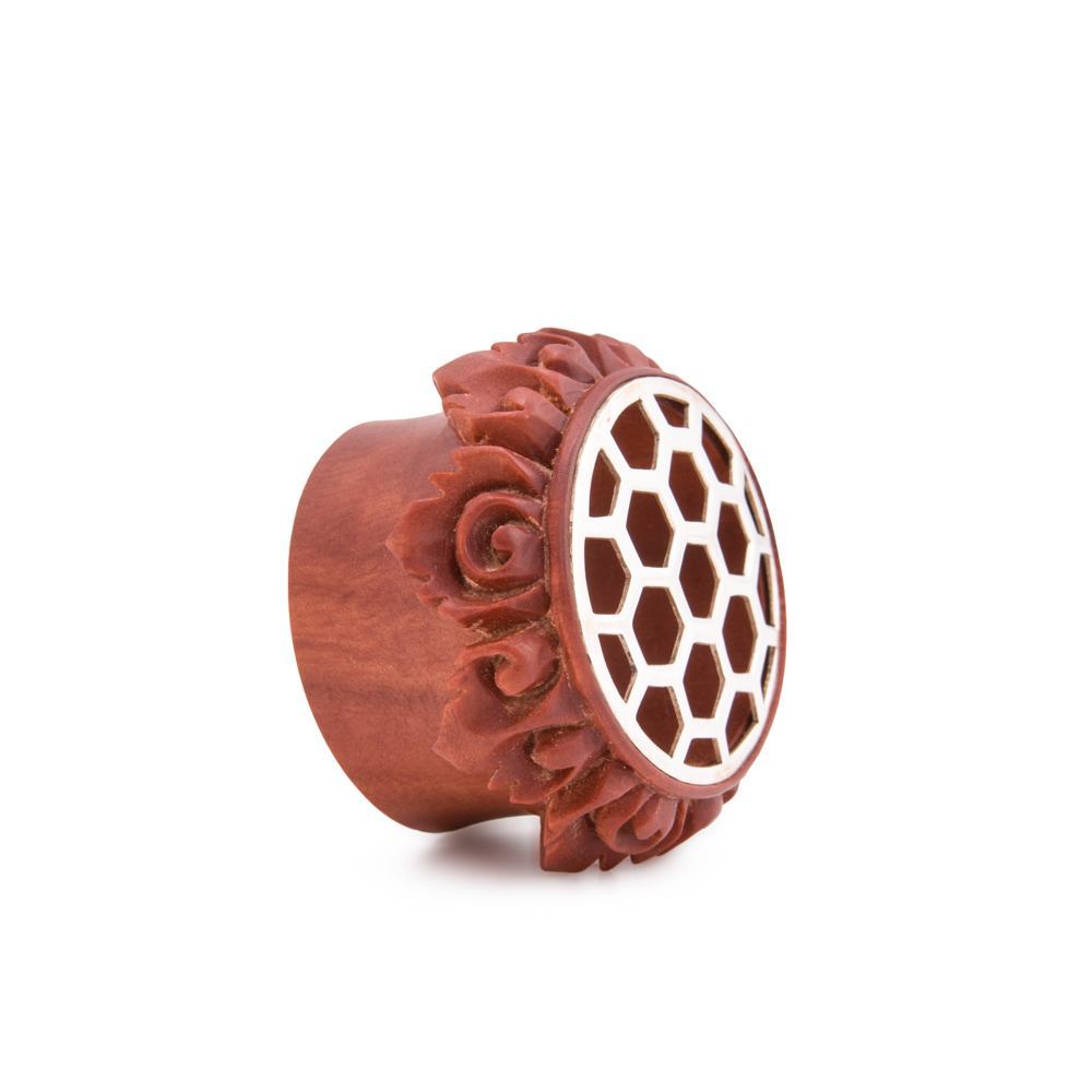 Saba Wood Plug with .925 Sterling Silver Honeycomb Inlay - 16mm-30mm - Price Per 1