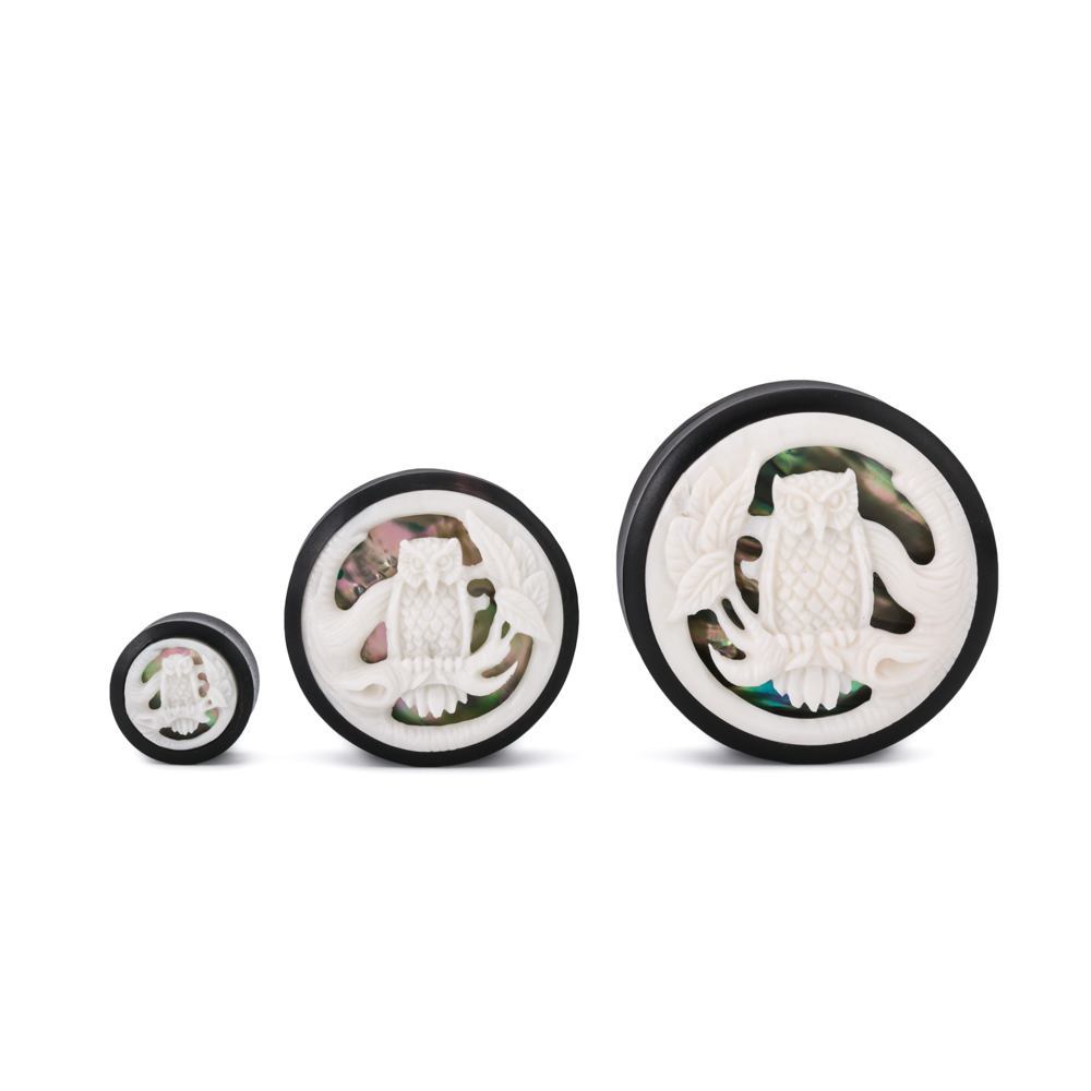 Give a Hoot Abalone and Bone Inlaid Areng Wood Plug – Price Per 1