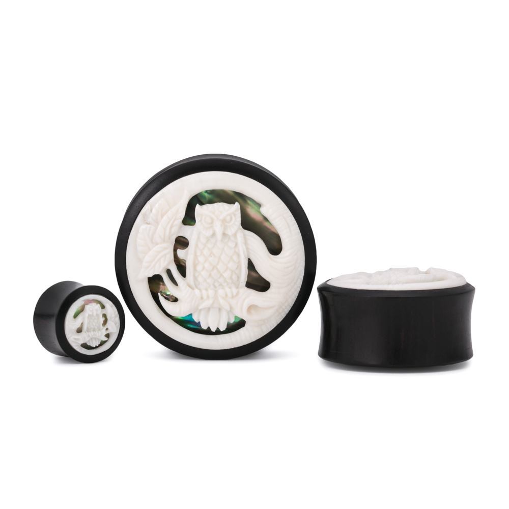Give a Hoot Abalone and Bone Inlaid Areng Wood Plug – Price Per 1