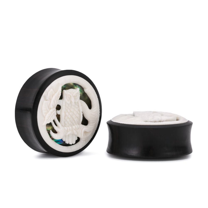 Give a Hoot Abalone and Bone Inlaid Areng Wood Plug – Price Per 1