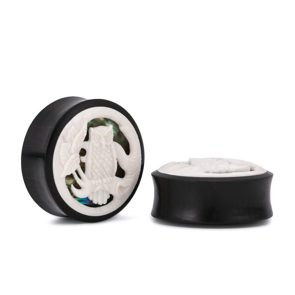 Give a Hoot Abalone and Bone Inlaid Areng Wood Plug – Price Per 1