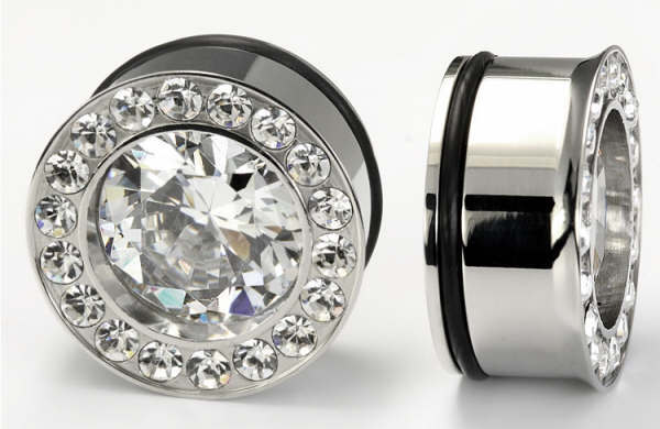 Single Flare BLING Plugs High Polish Steel Ear Jewelry 0g - 1" - Price Per 1