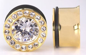 GOLD TONE BLING Single Flare Plugs High Polish Steel Ear Jewelry 0g - 1" - Price Per 1