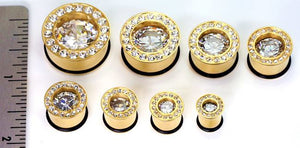 GOLD TONE BLING Single Flare Plugs High Polish Steel Ear Jewelry 0g - 1" - Price Per 1