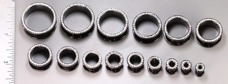 Crystal Jeweled Rim PVD Black Steel Threaded Tunnel — Price Per 1