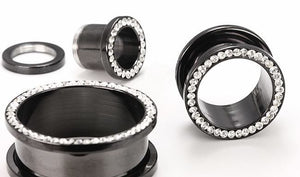 Crystal Jeweled Rim PVD Black Steel Threaded Tunnel — Price Per 1