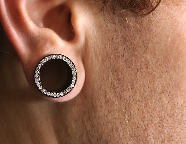 Crystal Jeweled Rim PVD Black Steel Threaded Tunnel — Price Per 1
