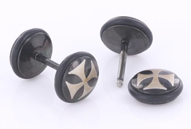 IRON CROSS on Black Fake Illusion Piercing Plug - 16g thin post - Price Per 1