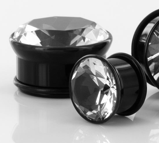 BLACK Acrylic Single Flare Plugs with CZ Stone 3mm - 26mm - Price Per 1