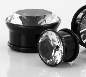 BLACK Acrylic Single Flare Plugs with CZ Stone 3mm - 26mm - Price Per 1