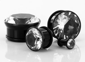 BLACK Acrylic Single Flare Plugs with CZ Stone 3mm - 26mm - Price Per 1