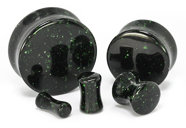 Green Goldstone Glass Double Flare Plug - Price Per 1