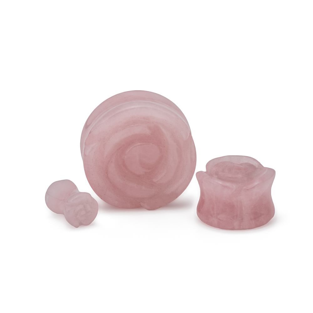 Rose Quartz Stone Plug with Carved Rose Front – 2g to 1” – Price Per 1