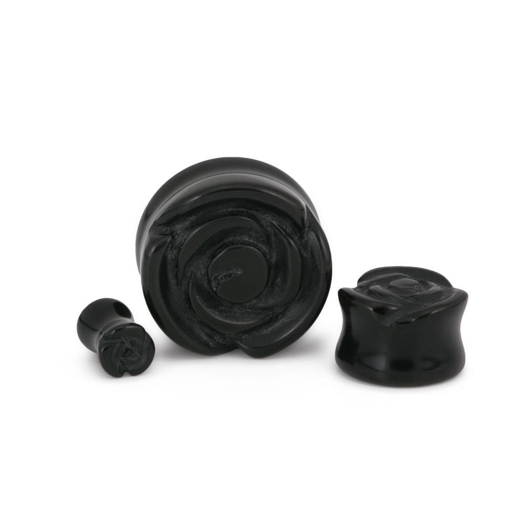 Double Flared Rose Black Glass Stone Plug – Price Per 1