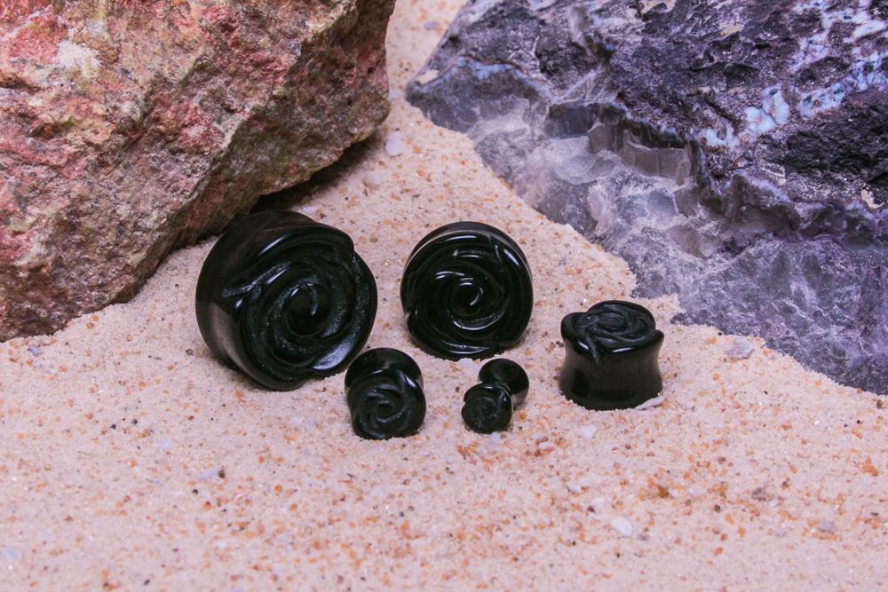 Double Flared Rose Black Glass Stone Plug – Price Per 1