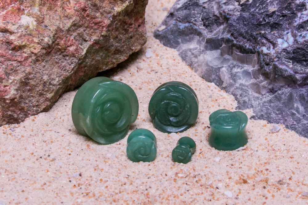 Green Aventurine Stone Plug with Carved Rose Front – 2g to 1” – Price Per 1