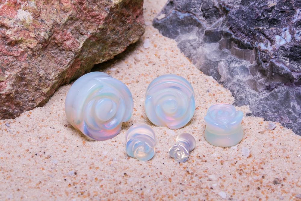 Opal Stone Plug with Carved Rose Front – 2g to 1” – Price Per 1