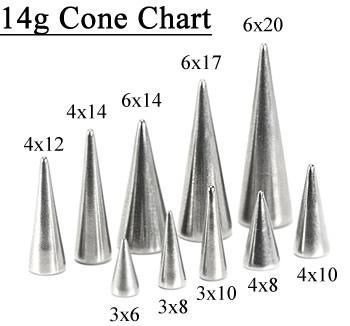 14g-8g Stainless Steel Long Spikes, Bigger Cones Replacement Ends - Price Per 1