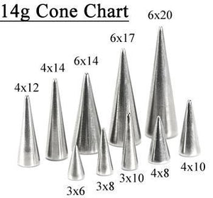 14g-8g Stainless Steel Long Spikes, Bigger Cones Replacement Ends - Price Per 1