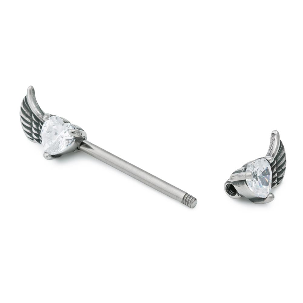 14g 9/16” Winged Crystal Heart Steel Nipple Barbell — Price Per 1