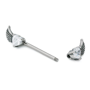 14g 9/16” Winged Crystal Heart Steel Nipple Barbell — Price Per 1