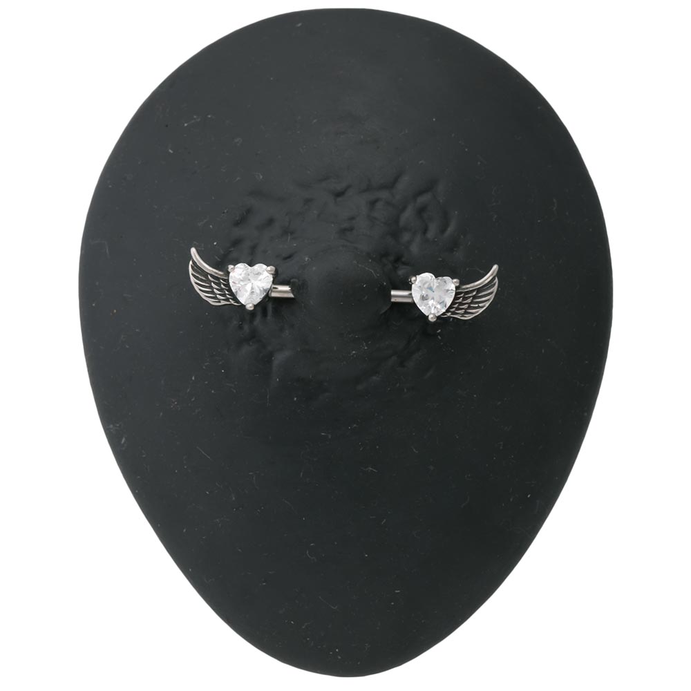 14g 9/16” Winged Crystal Heart Steel Nipple Barbell — Price Per 1