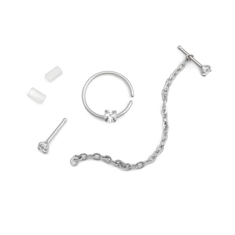 20g 1/4” Crystal Nose Bone Chain and Ring Jewelry Set