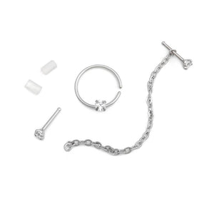 20g 1/4” Crystal Nose Bone Chain and Ring Jewelry Set
