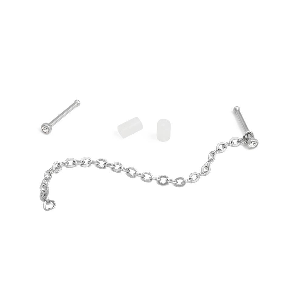 20g 1/4” Crystal Nose Bones with Chain — Set of Two Pairs