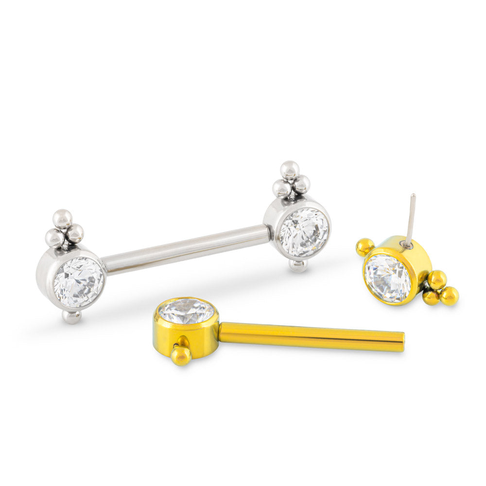 Beaded Cubic Zirconia Titanium Nipple Barbell - Threadless