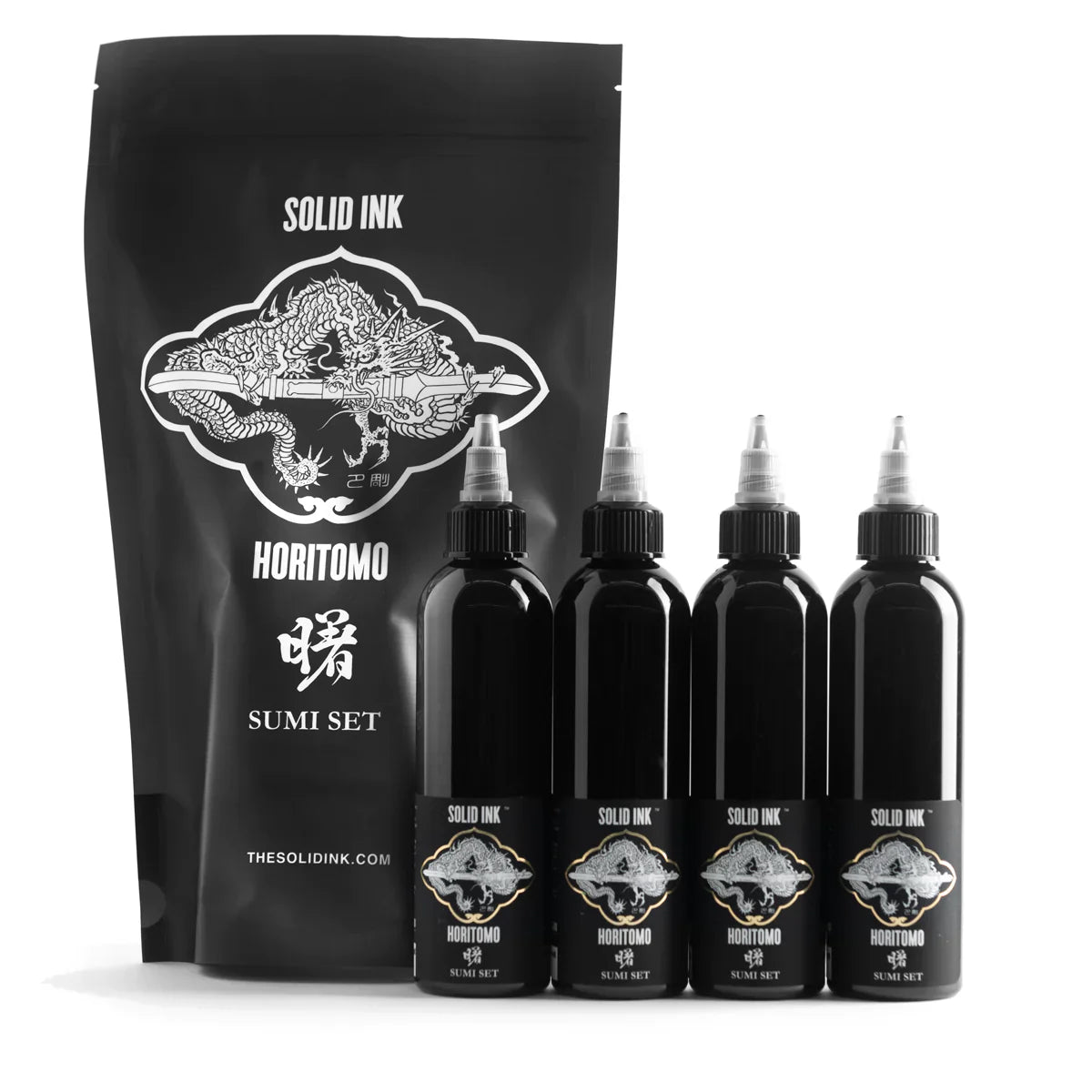 Horitomo 4 Bottle Sumi Set — Solid Ink — 2oz Bottles