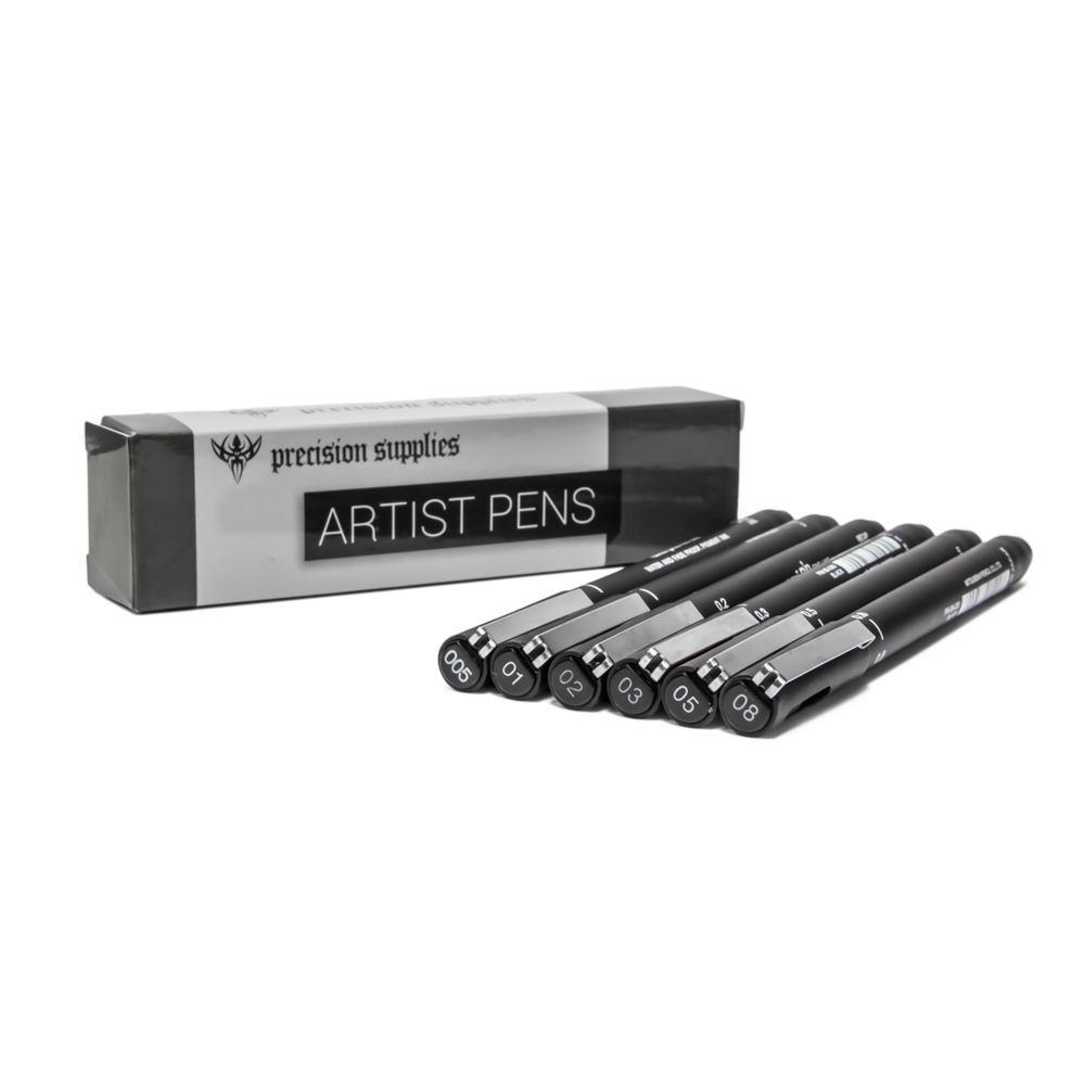 Precision Artist Black Drawing Pens - One Set of 6 Assorted Tips