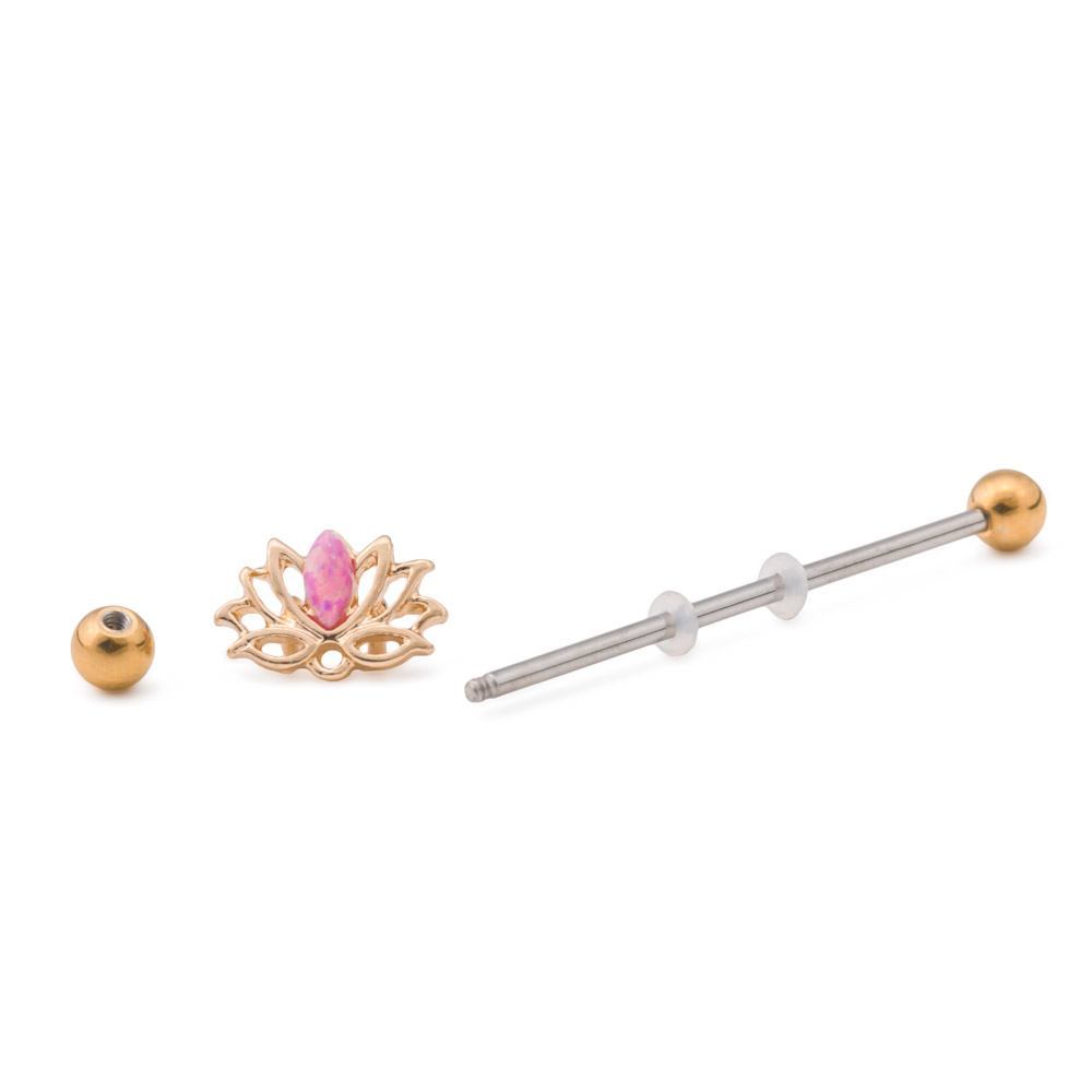 14g 1-1/2” Steel Industrial Barbell with Gold PVD Coating and Pink Opal Lotus Flower Charm