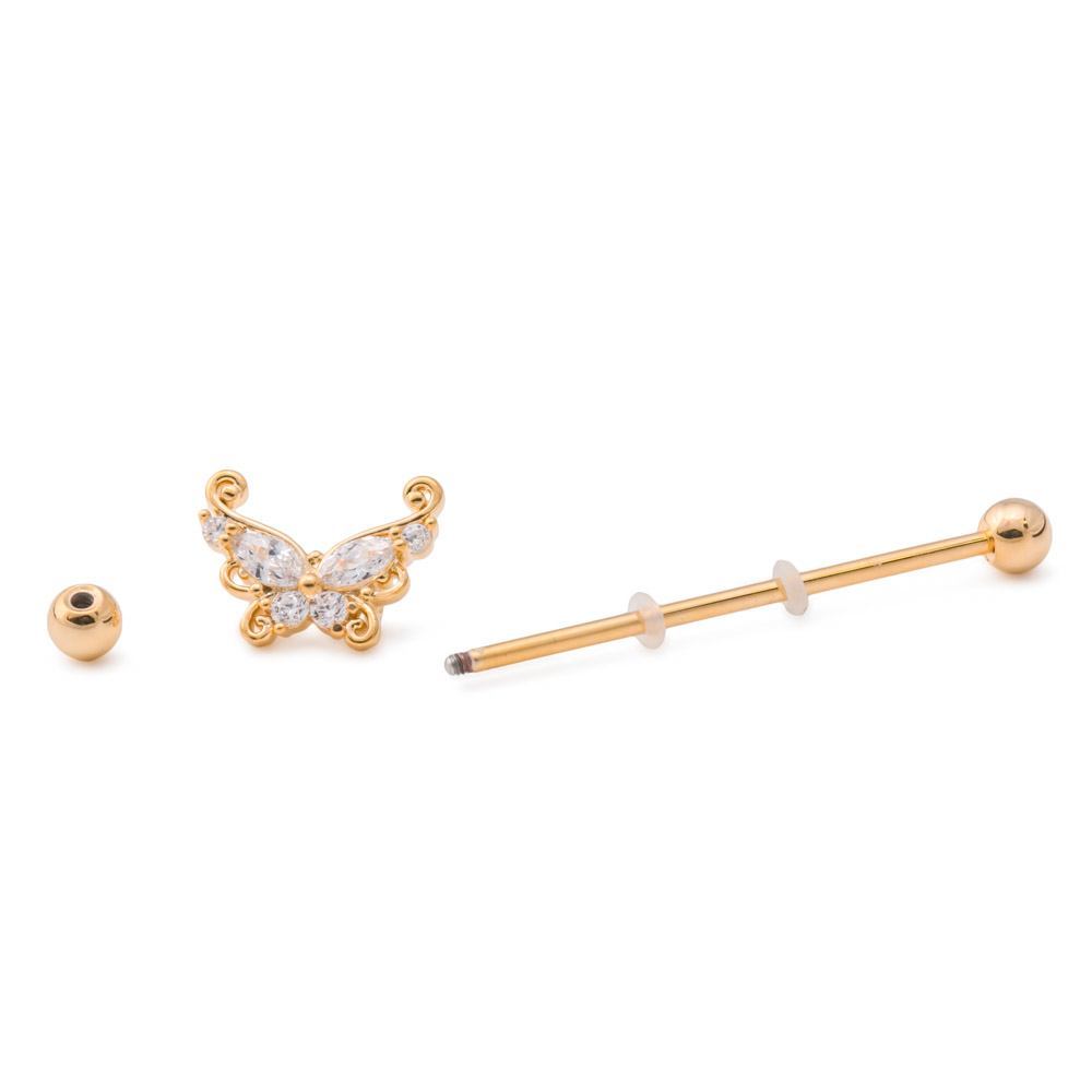 14g 1-3/8” Gold-Plated Industrial Barbell with Curlicue Butterfly Charm
