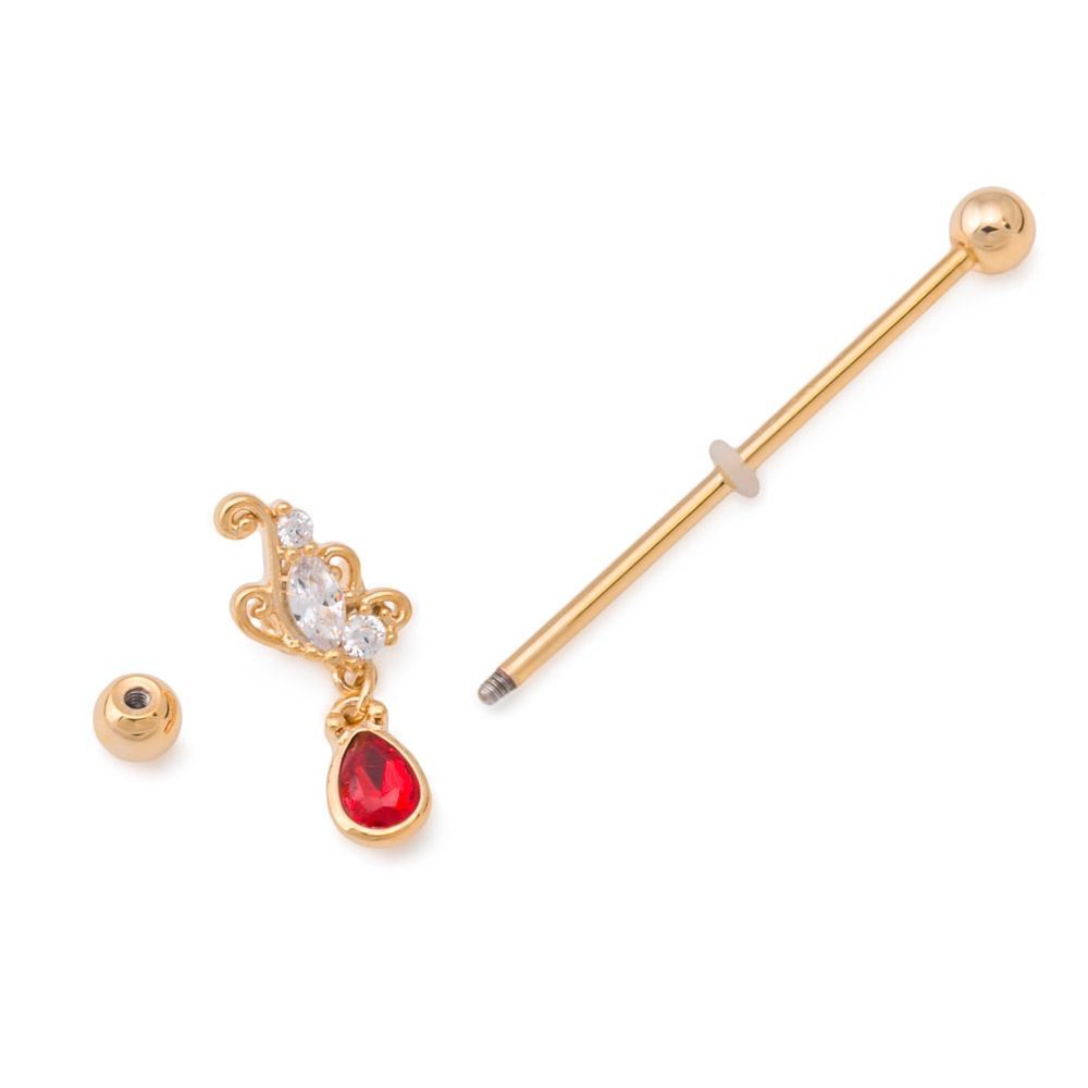14g 1-3/8” Gold-Plated Industrial Barbell with Butterfly Teardrop Charm
