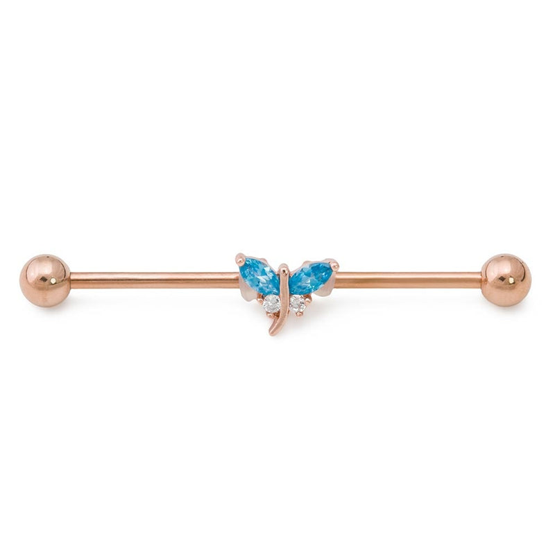 14g 1-1/2” PVD Rose Gold Jeweled Dragonfly Industrial Barbell