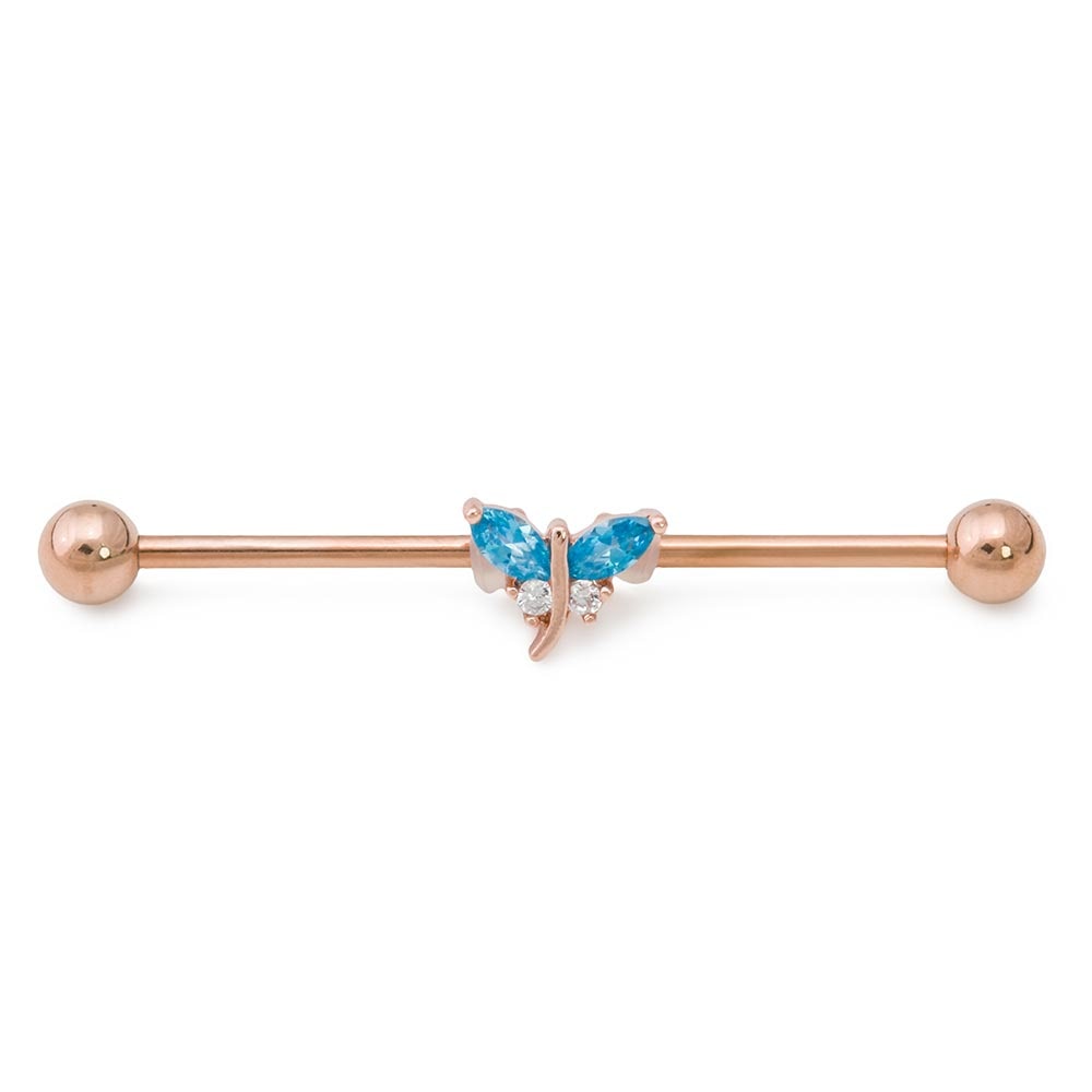 14g 1-1/2” PVD Rose Gold Jeweled Dragonfly Industrial Barbell