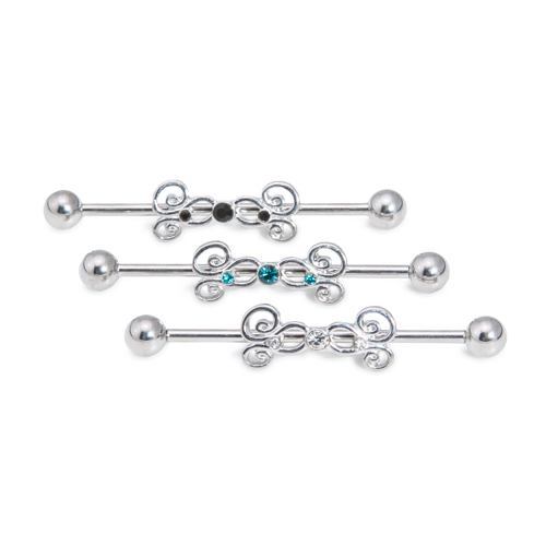 14g 1-3/8” Industrial Barbell with Sterling Silver Plated Jeweled Charm — Price Per 1