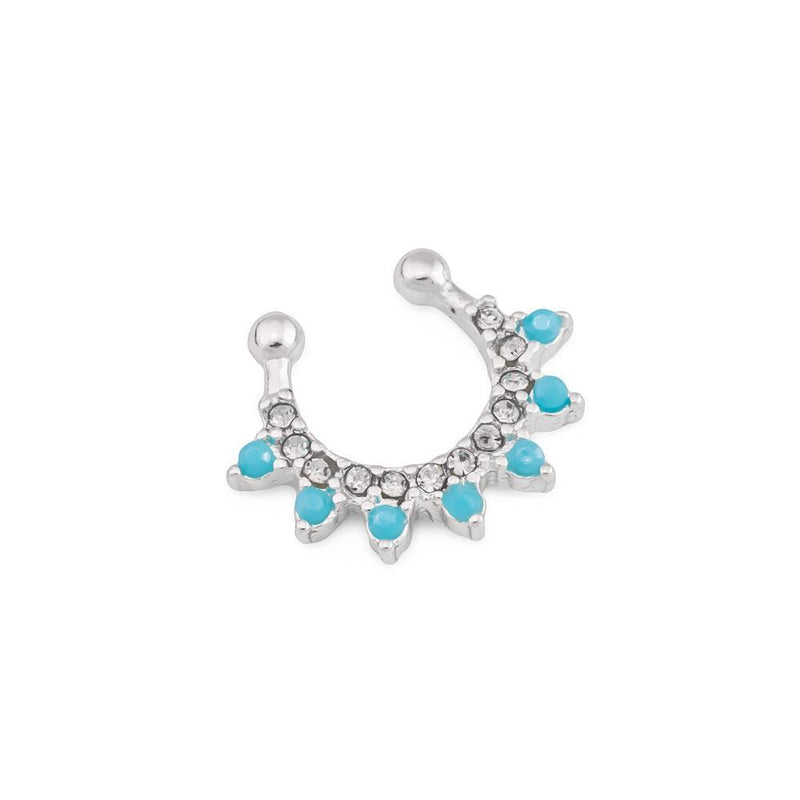 Silver Plated Synthetic Turquoise and Crystal Clip-On Septum Ring