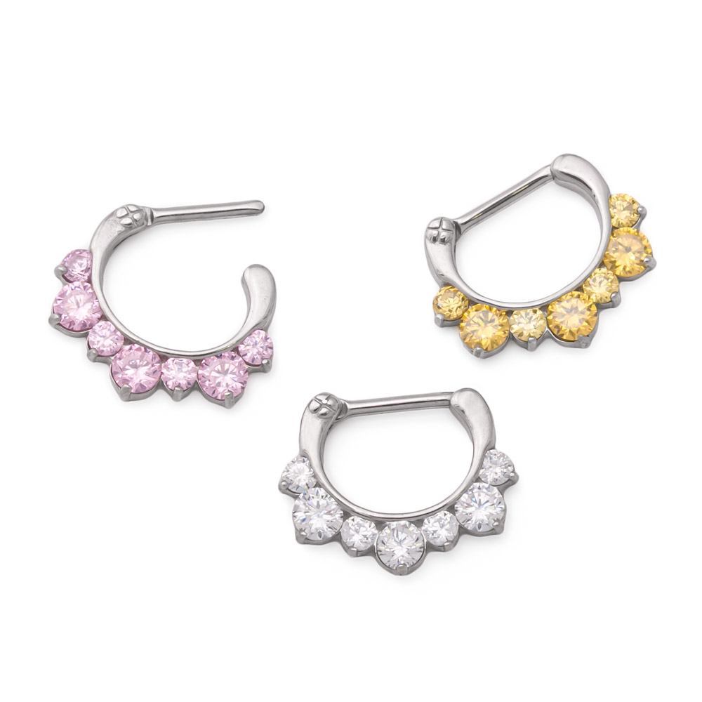 16g Steel Septum Clicker with Seven Colored Crystals — Price Per 1