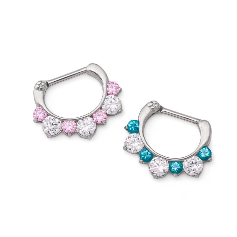 16g Steel Septum Clicker with Three Crystals and Four Colored Jewels — Price Per 1