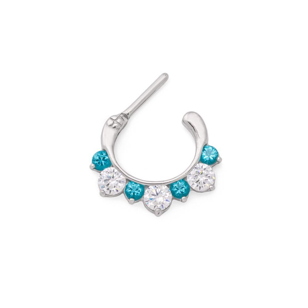 16g Steel Septum Clicker with Three Crystals and Four Colored Jewels — Price Per 1