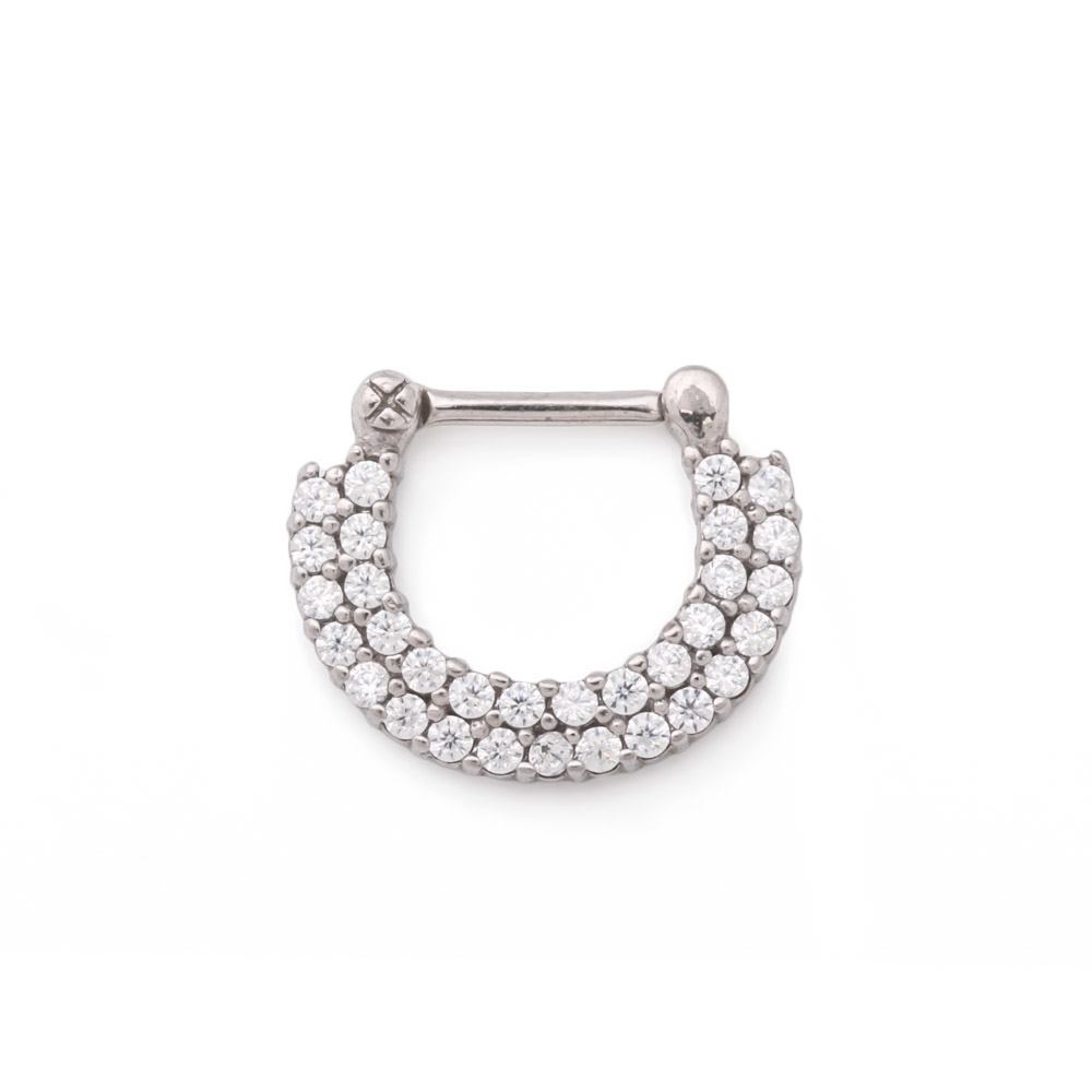 16g Stainless Steel Septum Clicker with Double Tiered Crystals — Price Per 1