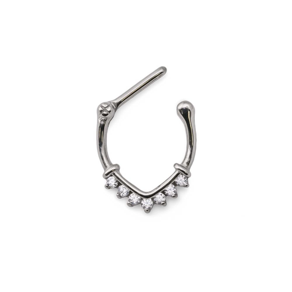 16g Steel Septum Clicker — V-Shaped Ring with Crystals — Price Per 1