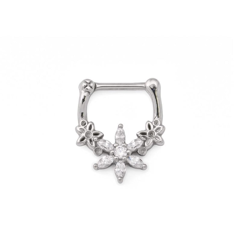 16g Steel Septum Clicker with Crystal-Petaled Trinity Flower Design — Price Per 1
