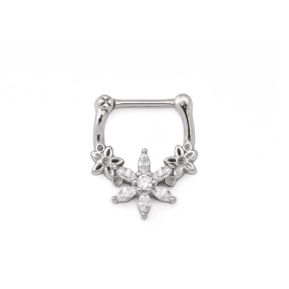 16g Steel Septum Clicker with Crystal-Petaled Trinity Flower Design — Price Per 1