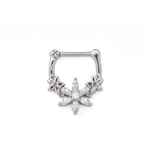 16g Steel Septum Clicker with Crystal-Petaled Trinity Flower Design — Price Per 1