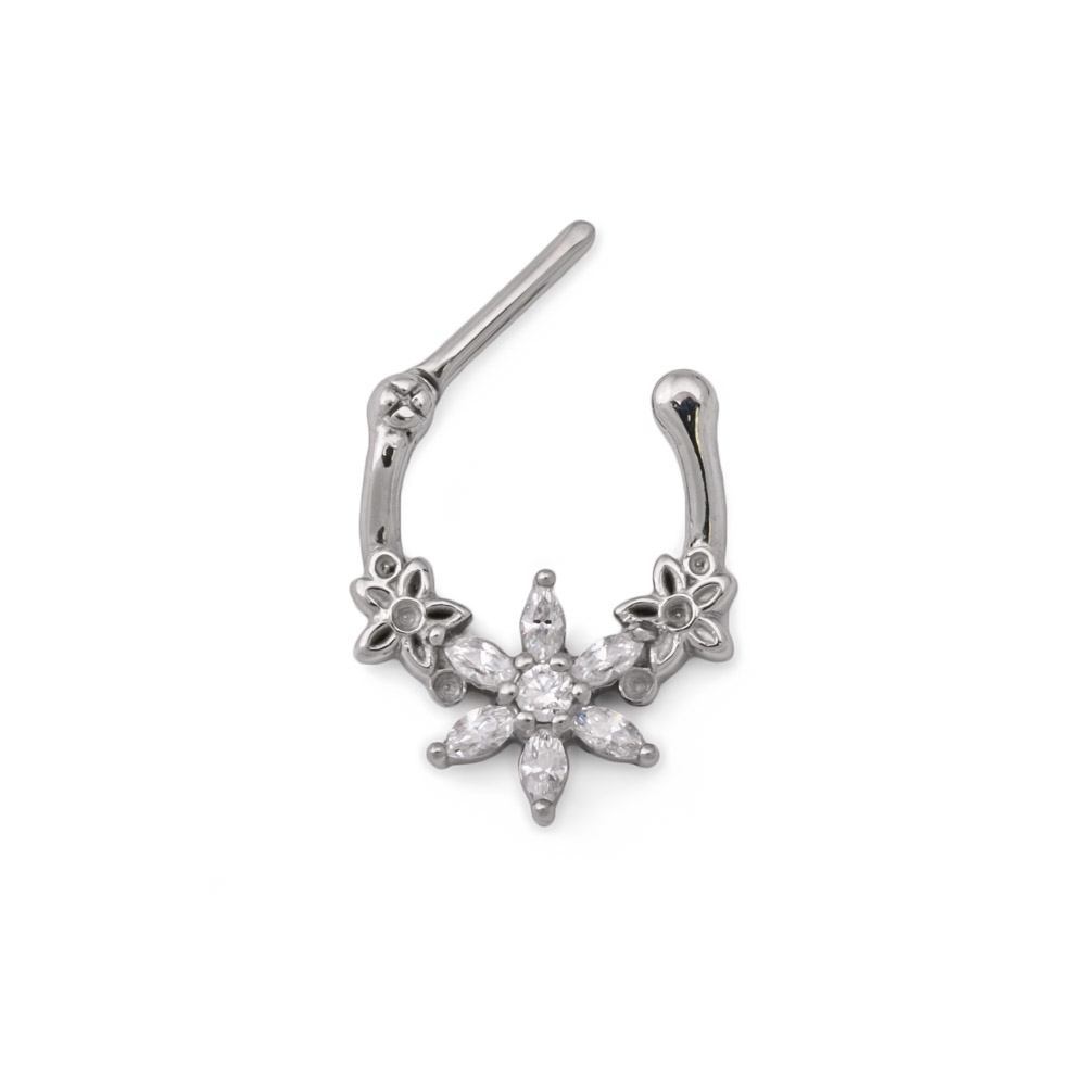 16g Steel Septum Clicker with Crystal-Petaled Trinity Flower Design — Price Per 1